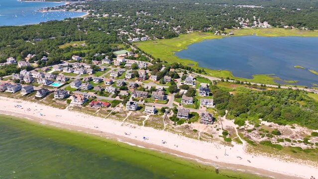 Seagull Beach aerial view in summer in West Yarmouth, Cape Cod, Massachusetts MA, USA. 