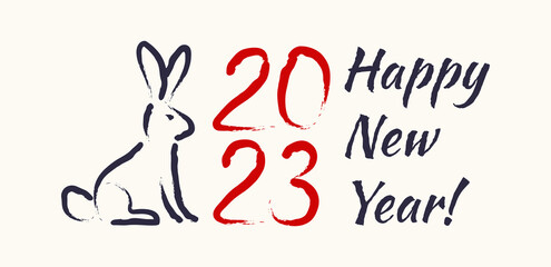 Vector caligraphy of 2023 and bunny like symbol new year. New year 2023. Hand drawing lettering with rabbit