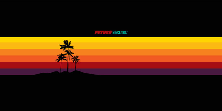 Retro sunset and palm trees. Original vector illustration. A design element. Print on a T-shirt.