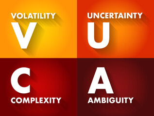 VUCA Volatility, Uncertainty, Complexity, Ambiguity - conflates four distinct types of challenges that demand four distinct types of responses, acronym text concept background