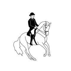 The rider of classical dressage performs a pirouette, black and white vector illustration