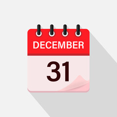 December 31, Calendar icon with shadow. Day, month. Flat vector illustration.