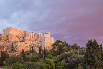 Beautiful view of the Acropolis and Erechtheion in Athens, Greece