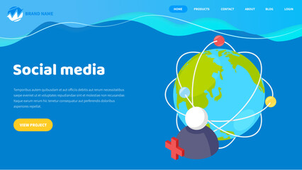 Social media landing page template. Online platform for communication, dating, creating social relationships between people with similar interests or offline connections, for entertainment and work