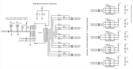 RGB multi-channel I2C led driver.
Schematic diagram of electronic device. 
Vector drawing electrical circuit with 
led array, jumper, capacitor, resistor, controller, 
ground and power symbols