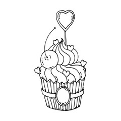 Cupcake decorated with cream, sugar hearts and a cherry. Dessert line hand drawn vector illustration.