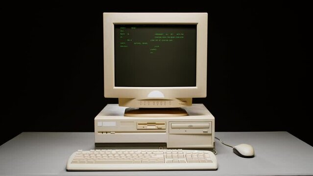 Retro pc with loading code console, programmer making scripts, green basic screen, Old computer studio close-up, Desktop vintage retro wave display, late 90s PC.