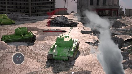Fake war of tanks RPG Video Game Gameplay. Looped 3D render animation