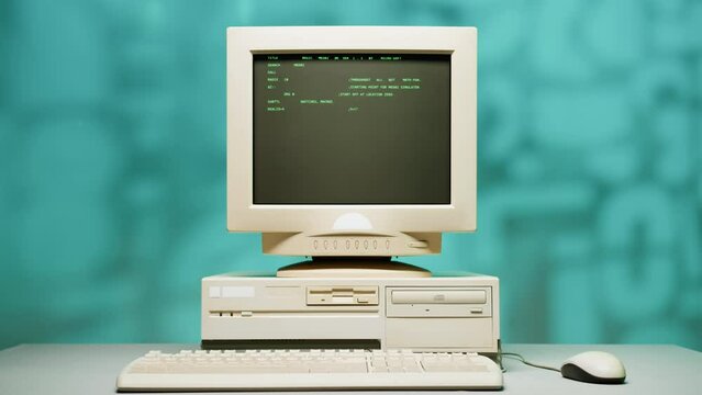 Retro pc with loading code console, programmer making scripts, green basic screen, Old computer studio close-up, Desktop vintage retro wave display, late 90s PC.