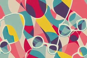 Abstract seamless pattern for little girls with colorful funny cats in sunglasses. Fashion illustration in comic style. Bright summer print
