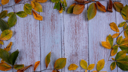 Fototapeta premium Autumn leaves on wooden table, image with space, text