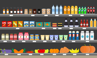 Vector illustration of a beautiful counter in the store. Selling products in the shop on the counter with water, milk, sauces, snacks, coffee, jams, vegetables in cartoon style.
