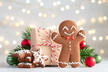 Cute Gingerbread man for Christmas card. Cozy concept of Christmas and winter holidays. Top view.