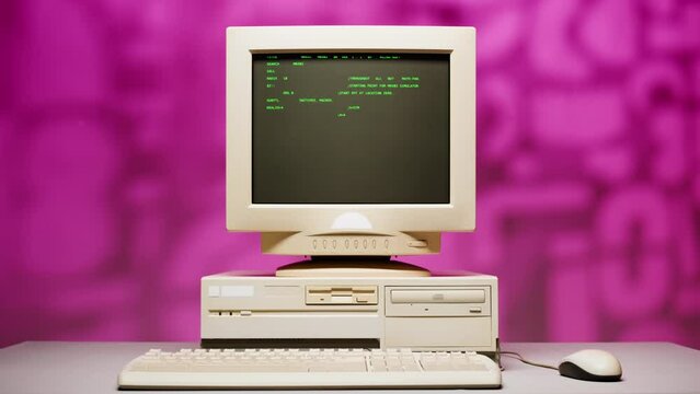 Retro pc with loading code console, programmer making scripts, green basic screen, Old computer studio close-up, Desktop vintage retro wave display, late 90s PC.