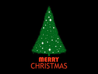 Merry Christmas. Green Christmas tree with white sparkles on a black background. Festive design for greeting cards, invitations and banners. Vector illustration