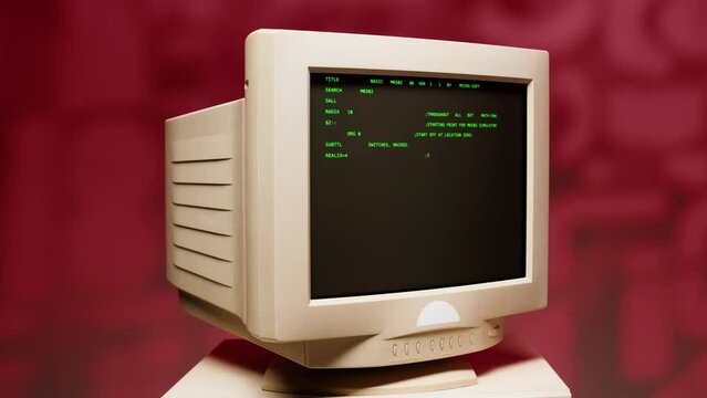 Retro pc with loading code console, programmer making scripts, green basic screen, Old computer studio close-up, Desktop vintage retro wave display, late 90s PC.