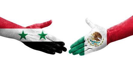 Handshake between Mexico and Syria flags painted on hands, isolated transparent image.