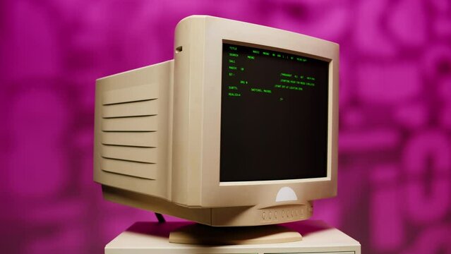 Retro pc with loading code console, programmer making scripts, green basic screen, Old computer studio close-up, Desktop vintage retro wave display, late 90s PC.