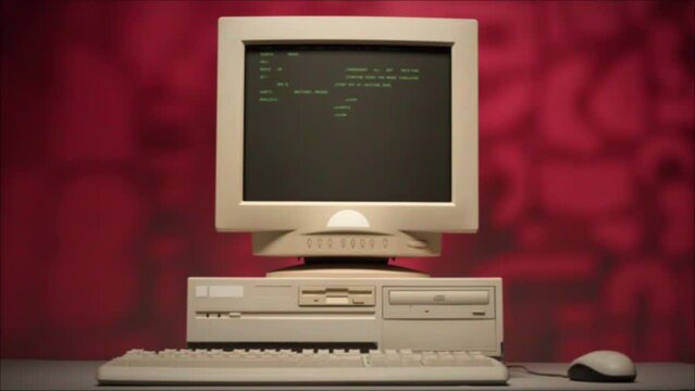 Retro pc with loading code console, programmer making scripts, green basic screen, Old computer studio close-up, Desktop vintage retro wave display, late 90s PC.