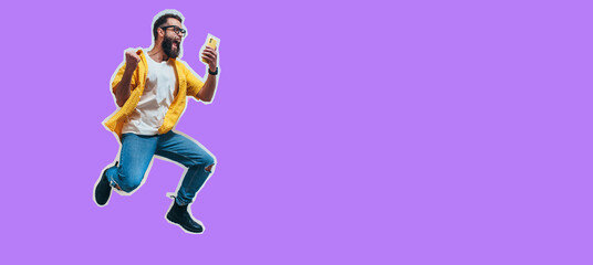 Jumping, running man with a smartphone in hand, feels joy, celebrates winning the lottery or sports bets. Human face emotions and betting concept. Collage in magazine style. Discount, seasonal sales