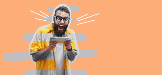 Young bearded charismatic man in glasses uses a smartphone. Online communication with friends. Online shopping, sale, season sales. Copyspace for ad. High speed internet connection. Adult dating site - obrazy, fototapety, plakaty