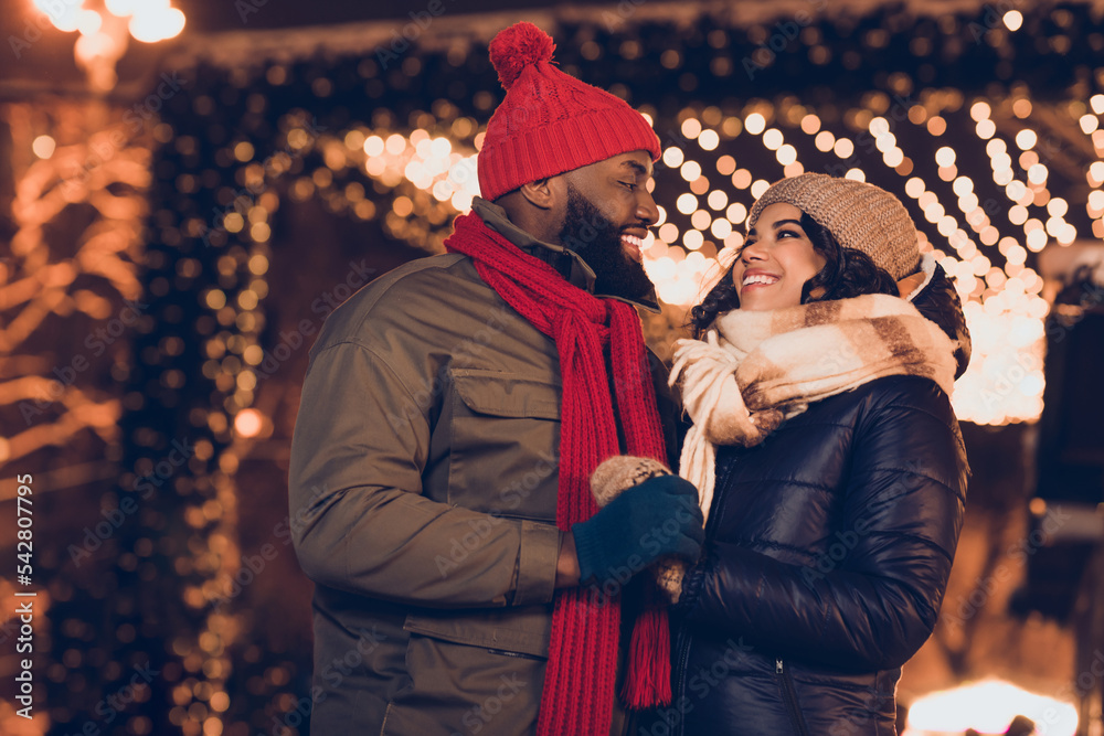 Sticker Photo of sweet carefree husband wife wear winter season clothes celebrating xmas eve outside urban city street