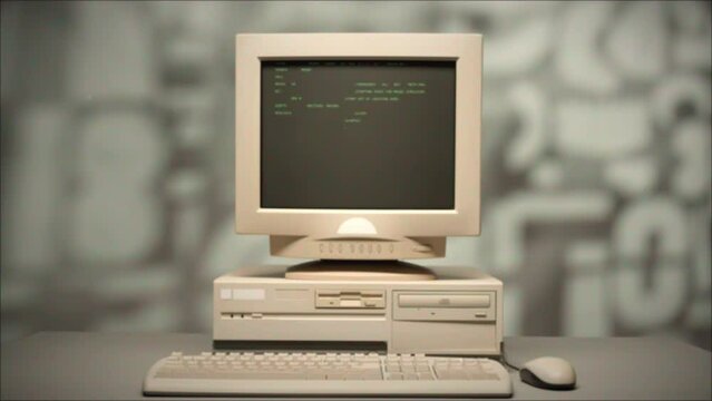 Retro pc with loading code console, programmer making scripts, green basic screen, Old computer studio close-up, Desktop vintage retro wave display, late 90s PC.