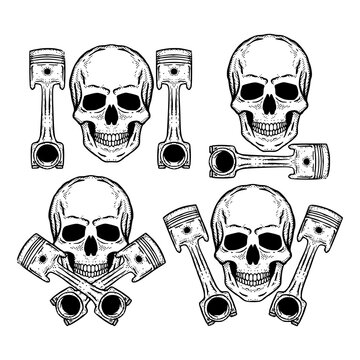 Collection set skull piston doodle Illustration hand drawn sketch for tattoo, stickers, etc