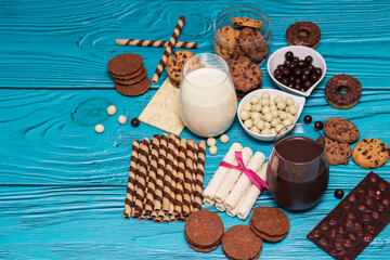 Chocolate milk with heap of sweets