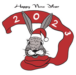 Happy New Year 2023, cheerful funny rabbit, cute character. Wild animal cartoon drawing vector