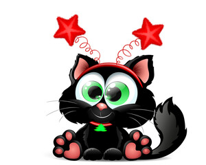 Fototapeta premium Funny black cartoon cat with fluffy star headband and little Christmas tree collar