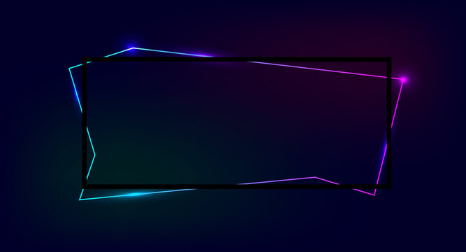 Neon curved frame with shining effects on dark background. Empty glowing techno backdrop. Vector illustration.