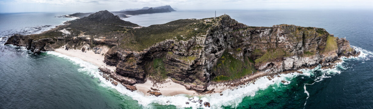 aerial panoramic view of "Cape of Good Hope" The most south-western point of the African continent and the  Cape Point area with Lighthouse - South Africa aerial landscape