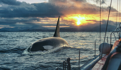 Orca Killerwhale traveling on ocean water with sunset Norway Fiords on winter background - obrazy, fototapety, plakaty
