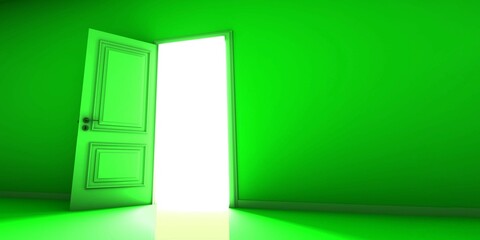 Green Room with the door open for a sky. Door to heaven. 3D Rendering.
