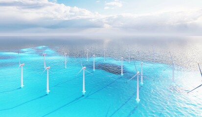 Offshore wind turbines farm on the ocean. Sustainable energy production, clean power. 3D Rendering.