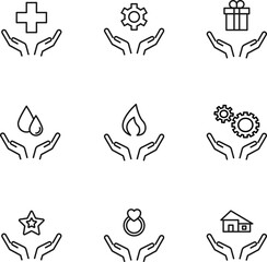 Set of modern outline symbols for internet stores, shops, banners, adverts. Vector isolated line icons of cross, gear, giftbox etc over outstretched hands