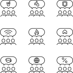 Set of modern outline symbols for internet stores, shops, banners, adverts. Vector isolated line icons of various items inside of speech bubble over group of people