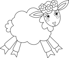 Lamb, Cute little sheep with wreath - vector linear picture for coloring. Outline. Running Sheep for children's coloring book
