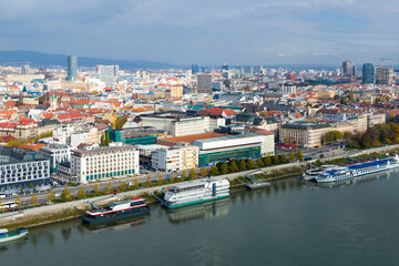 Fototapeta na wymiar Aerial view of Bratislava city with Danube in autumn day, Slovakia