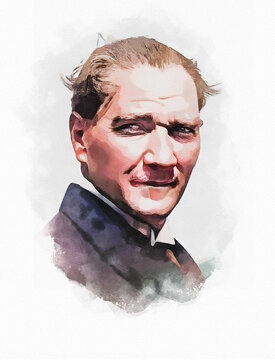 water color digital illustration Mustafa Kemal Atat&uuml;rk's on canvas paper
