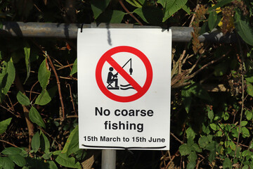 metal sign fixed to a metal post by the edge of a river, warning that course fishing is not allowed...