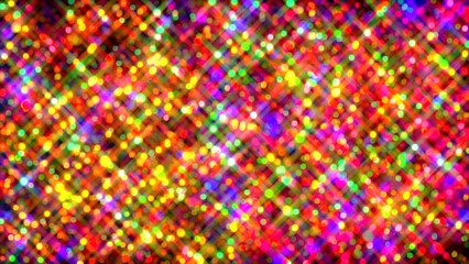 A composite image of vibrant festive Christmas bokeh light particles in a retro style with flickering light lens flare glint background.

