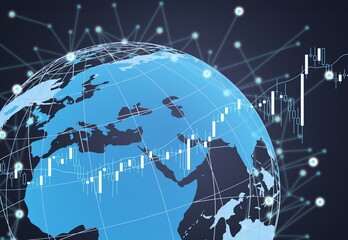 Earth classic globe with business network graph.