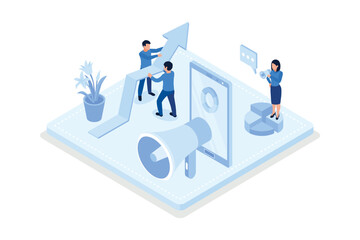 Obraz na płótnie Canvas People Characters Analyzing Charts, Graphs, Planning Business Strategy and Managing Data on Laptop and Smartphone. Business Intelligence and Analysis Concept, isometric vector modern illustration