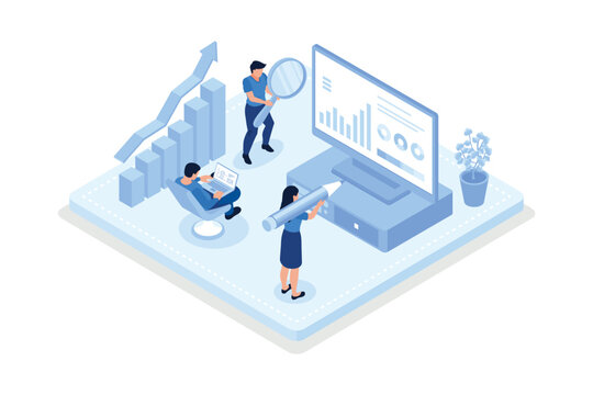 People Characters Analyzing Charts, Graphs, Planning Business Strategy and Managing Data on Laptop and Smartphone. Business Intelligence and Analysis Concept, isometric vector modern illustration