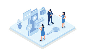 Characters using Cyber Security Services to Protect Personal Data. Online Payment Security, Cloud Shared Documents, Server Security and Data Protection Concept, isometric vector modern illustration