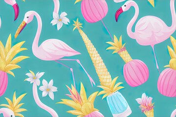 Fun doodle with unicorn flamingo cactus pineapple ice cream candy drawings and hand letterings seamless pattern repeating texture background print design for fabrics wallpapers etc