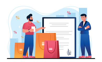 Sales representative concept. Man stands with shopping bags next to documents. Businessman and buyer make deal. Cashless payment and transactions, online shopping. Cartoon flat vector illustration