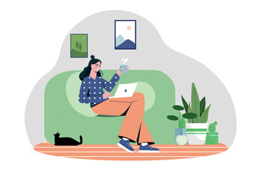 Obraz na płótnie Canvas Vacation at home. Happy woman sitting on sofa with laptop and mug of hot drink. Comfort and coziness in apartment. Young girl surfs internet and social networks. Cartoon flat vector illustration
